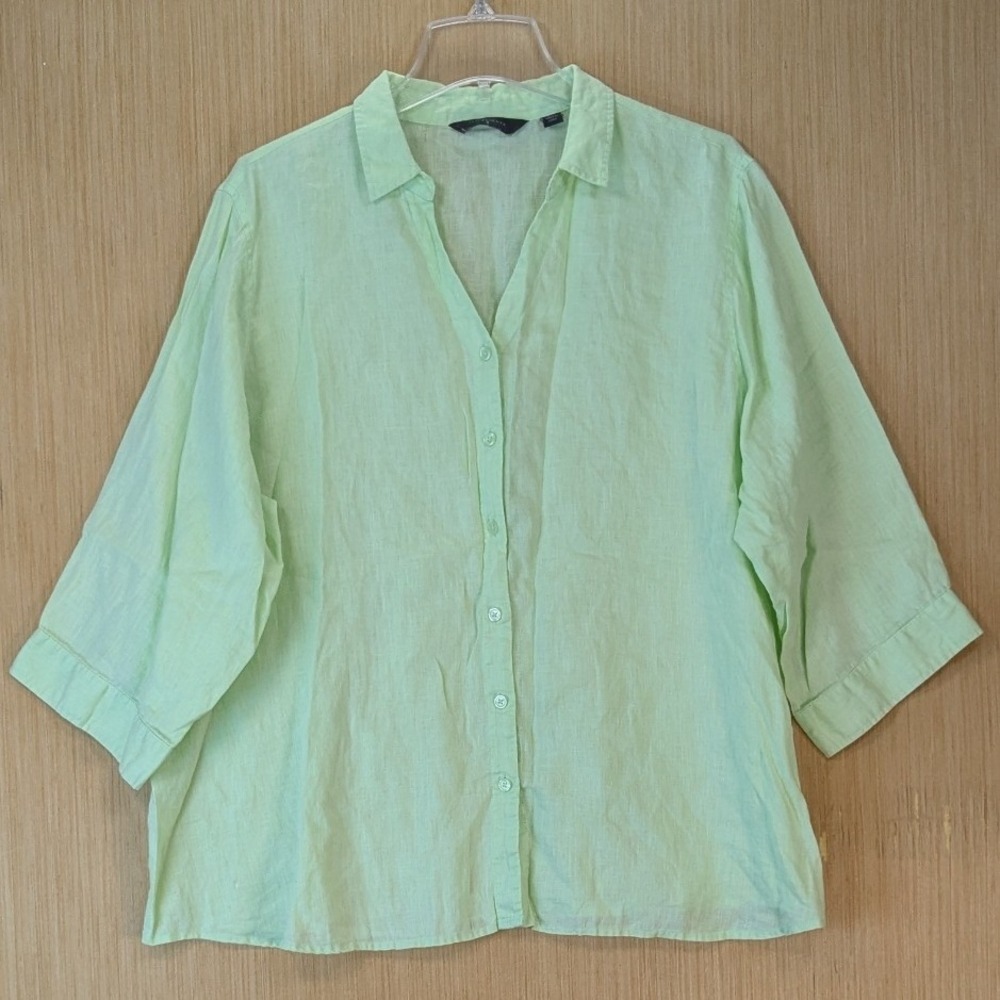 Investments II Womens 100% Linen Button Front Top Size 2X Lime Green 3/4 Sleeve